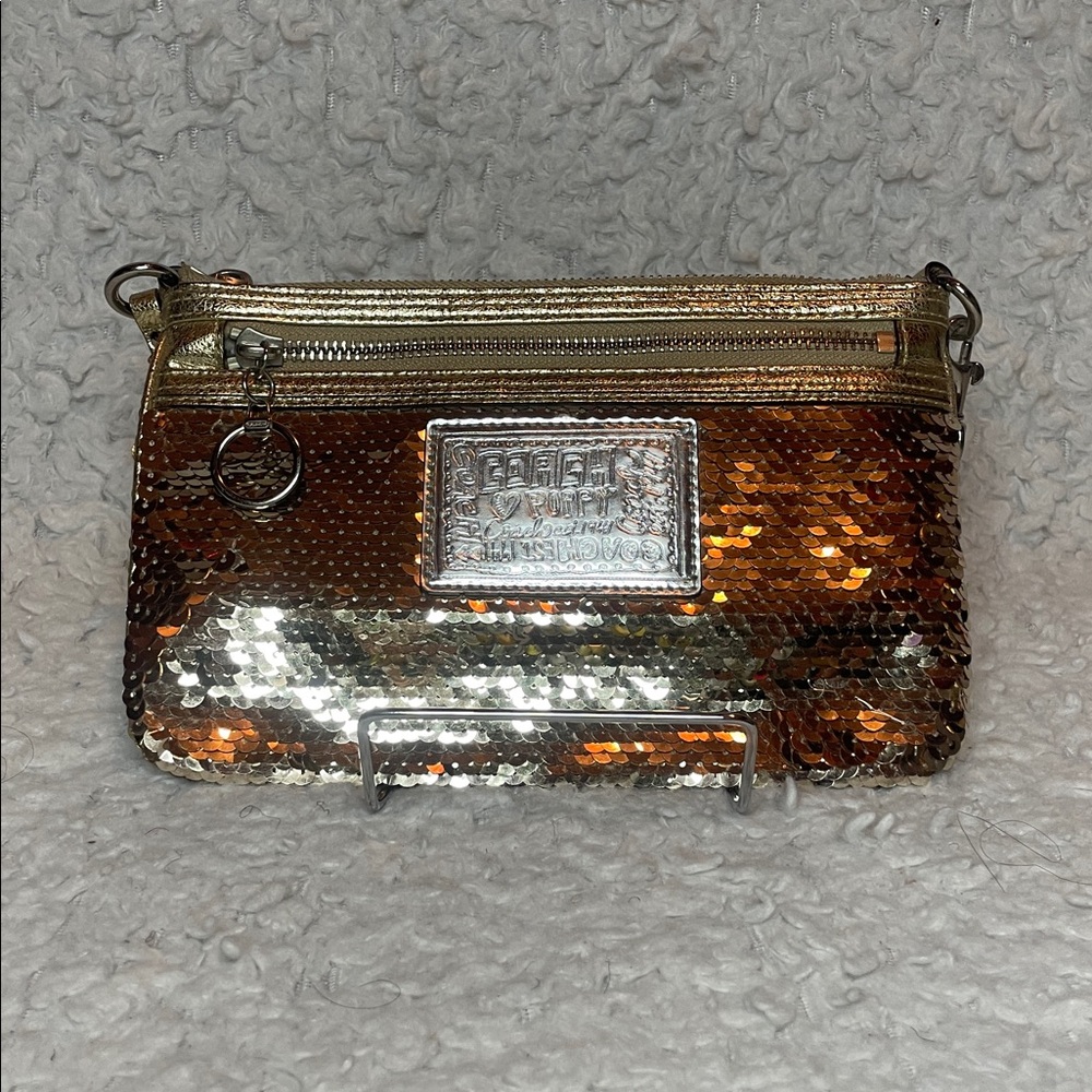 Coach Limited Edition Gold Sequin Poppy Spotlight Shoulder Bag & Wristlet Set - Picture 13 of 17